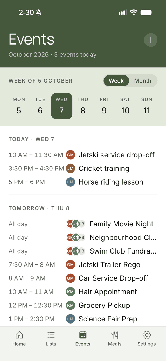 FamFam family calendar week view with today's and tomorrow's events, each marked with the family member it belongs to