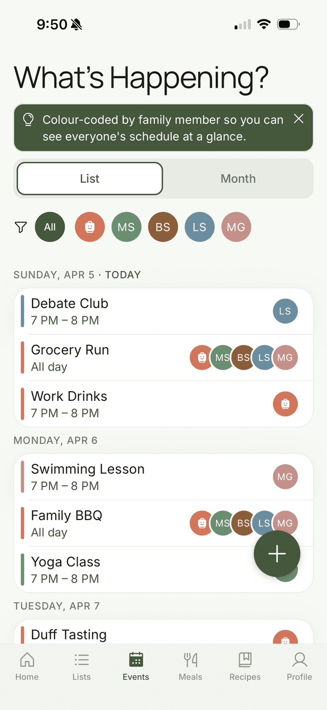 FamFam family calendar with colour-coded events
