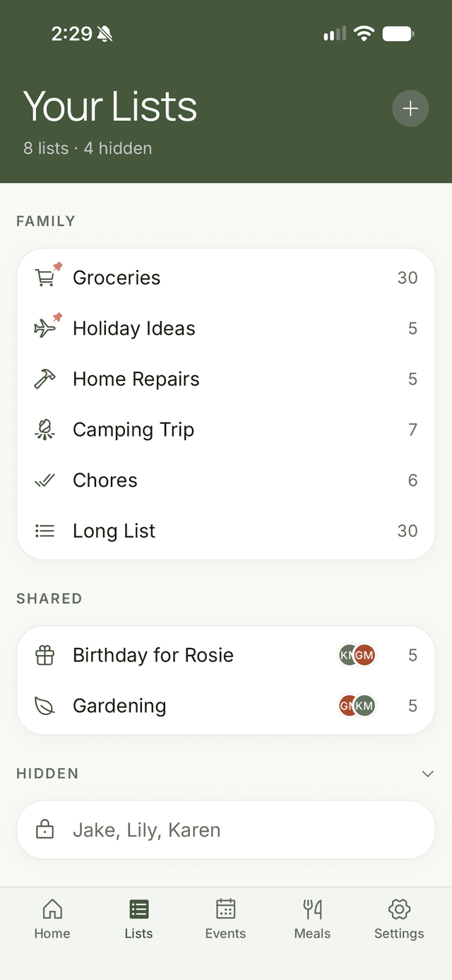 FamFam lists screen with family lists like groceries, holiday ideas, home repairs and chores, lists shared with specific people, and hidden lists